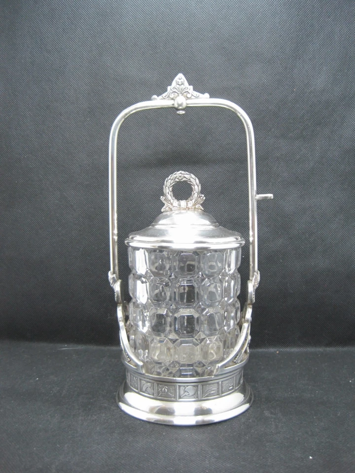 Antigua rueda de pepinillo enchapada en plata Reed & Barton con inserto de vidrio prensado 1465 Foto 3 de 4