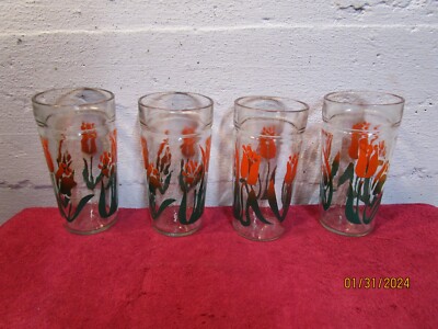 Lot of 4 Vintage Drinking Glasses Tulip Floral Red-Orange Green