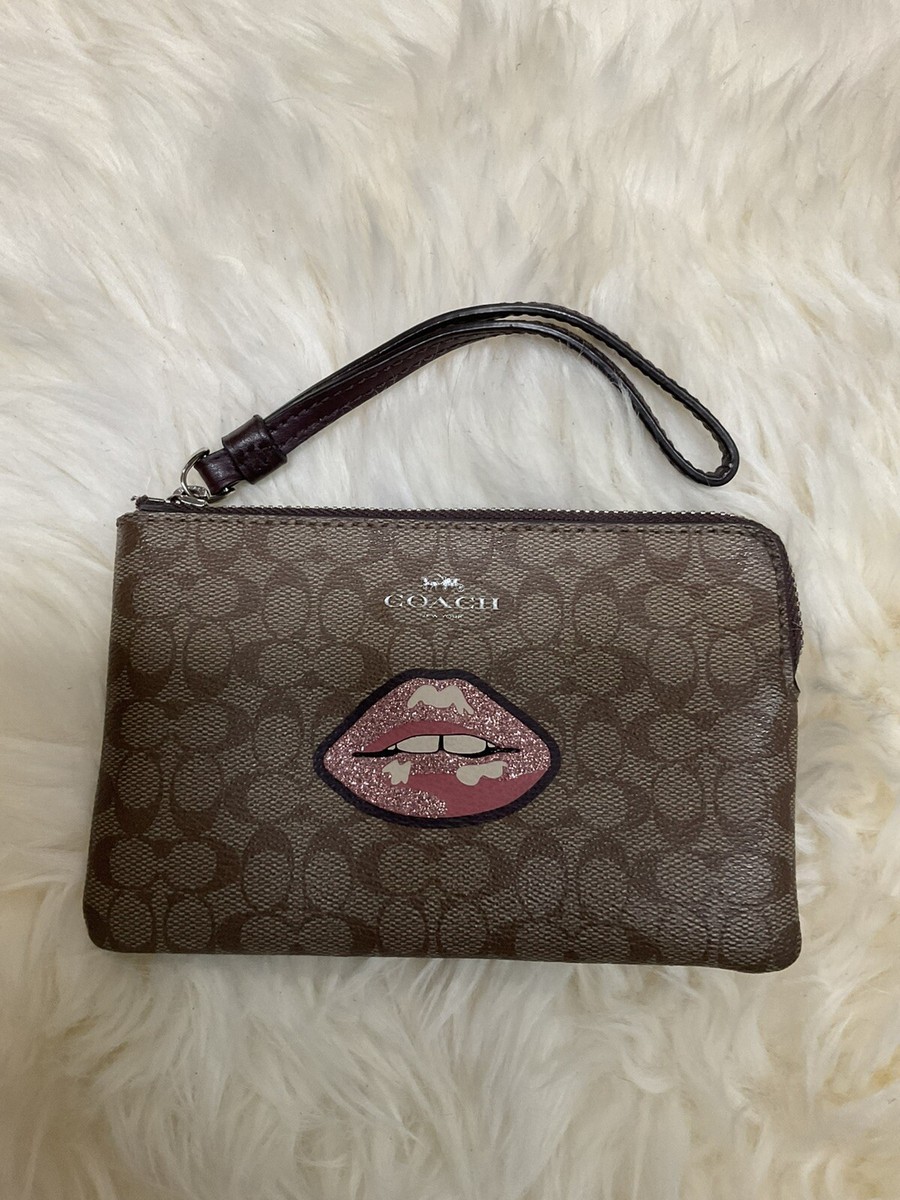 Coach Signature Print with Lips Corner Zip Wristlet Wallet