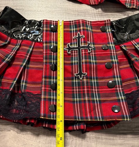 Vintage Vorspiel rot kariert Rock & Top Set schwarz Spitze Kreuz Akzente M/L Punk Grunge - Bild 7 von 13