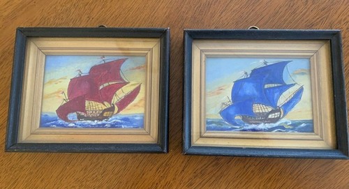 Pair Orig 3.75" Small Framed Masted Ship / Boat at Sea Paintings on Canvas Board