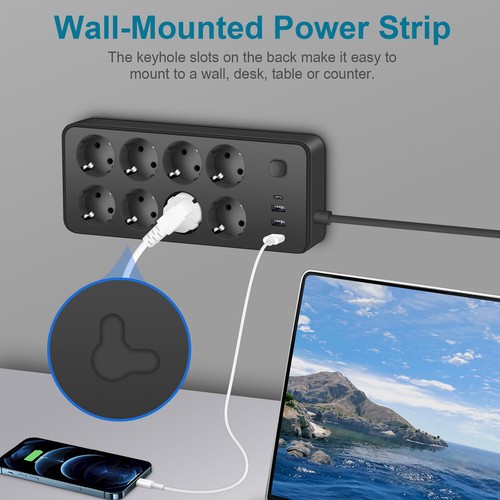 Ochrona przeciwprzepięciowa Power Montaż ścienny Rozdzielacz ochronny 3 porty USB 8 gniazd - Zdjęcie 13 z 14
