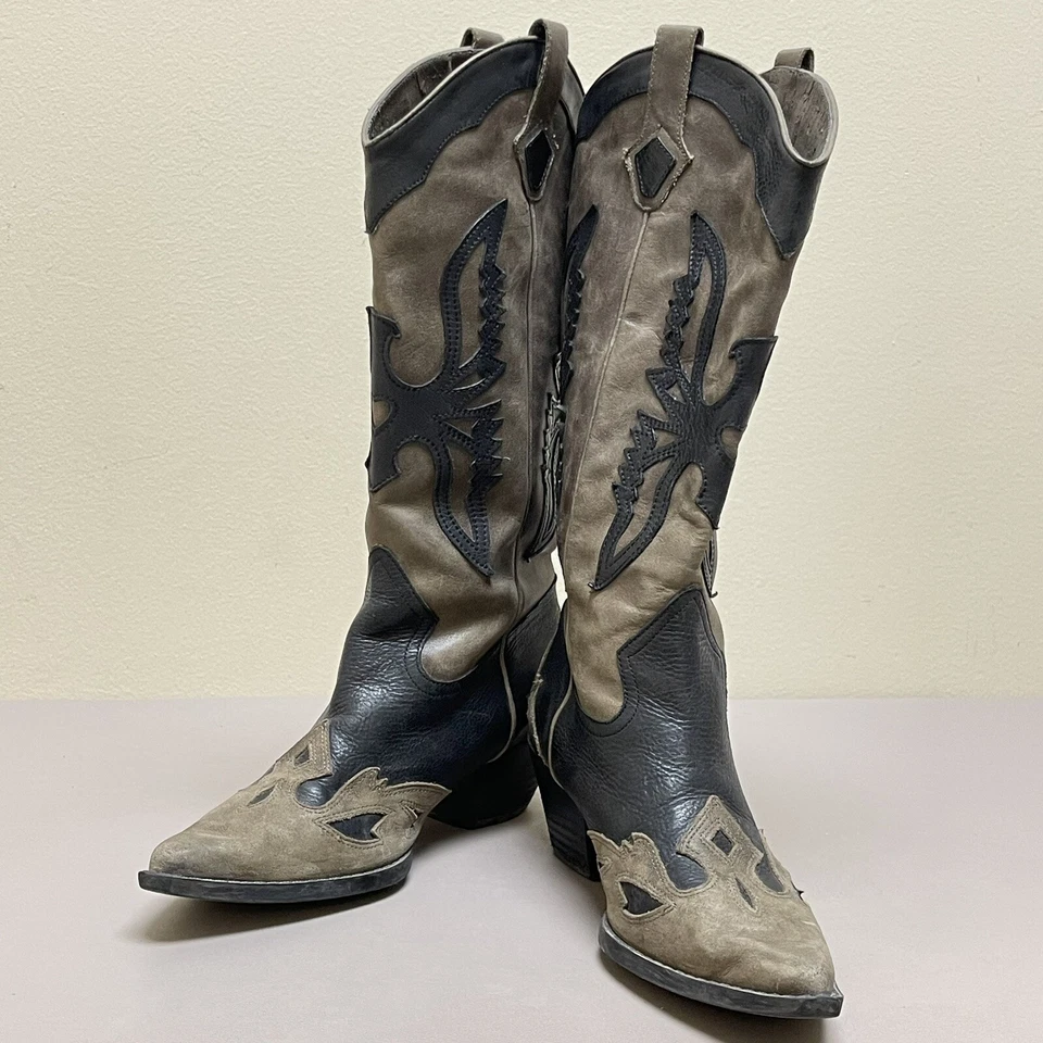 Botas de Vaquero Reba Justin Mujer 7 M Gris Cuero Negro Incrustación Águila Punta Foto 2 de 4