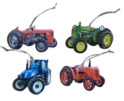 LARKRISE DESIGNS Tractor Christmas Tree Decorations - Set of 4 - Tractor Gifts - WT15/18/34/36-D