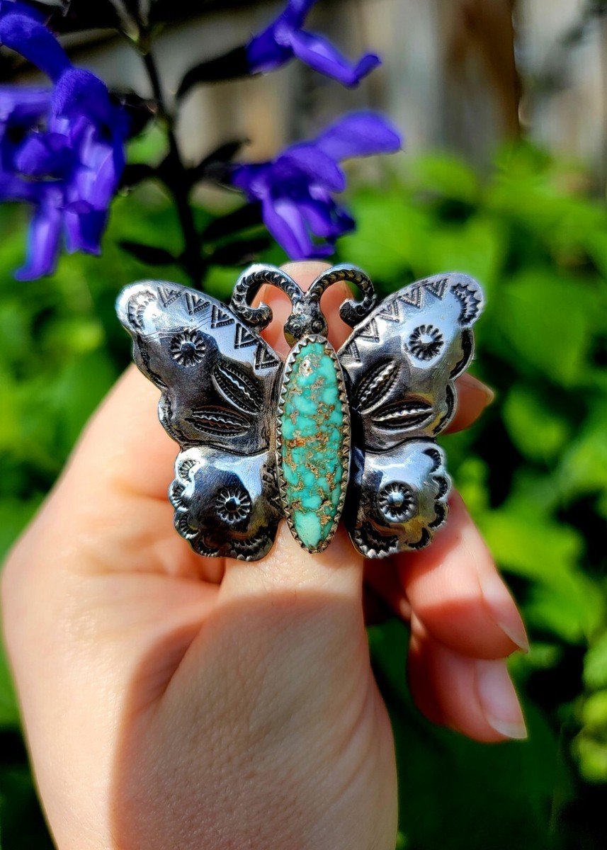 Exceptional San Felipe Spiderweb Turquoise Sterling Silver Butterfly Ring Exceptional San Felipe Spiderweb Turquoise Sterling Silver Butterfly Ring