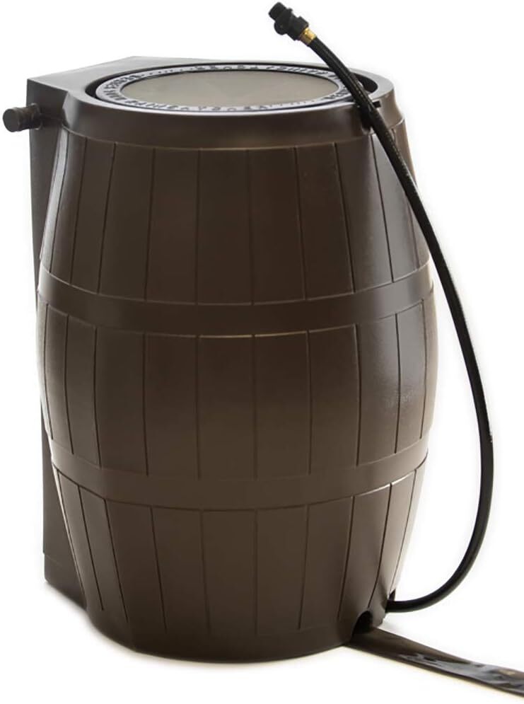50-Gallon Brown Flat-Back Rain Barrel with Spigots for Outdoor Water Collection
