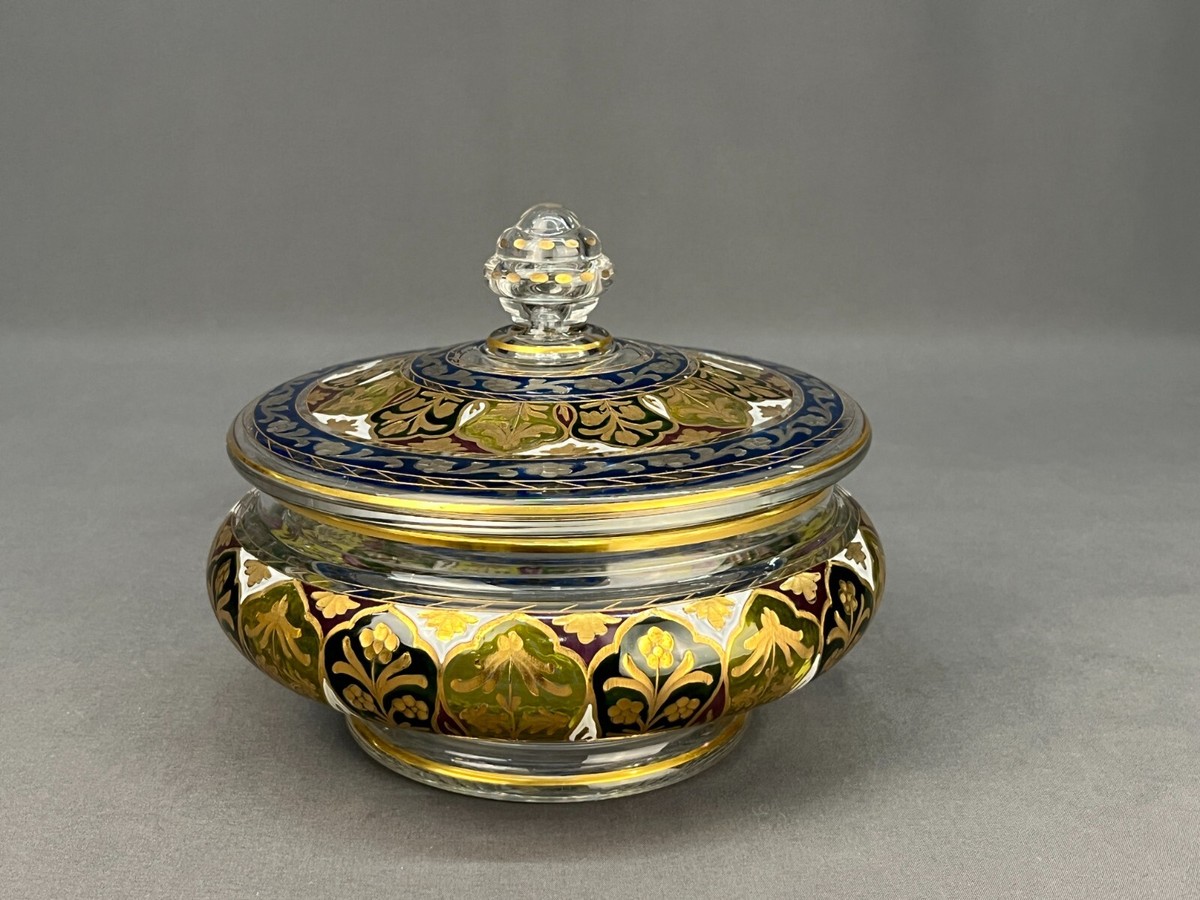 Fritz Heckert Jodhpur Polychrome Enameled Glass Covered Box c