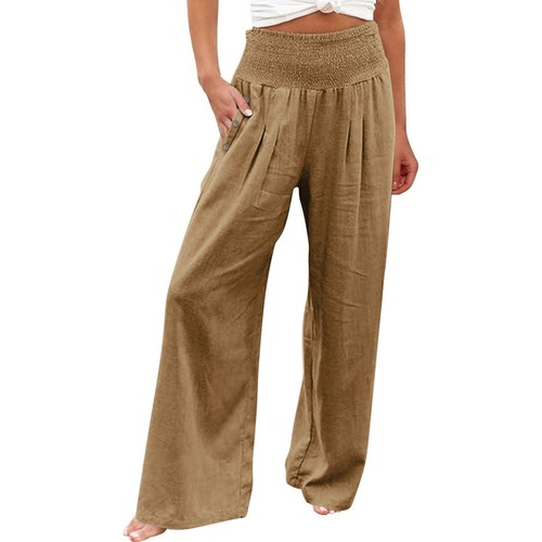 Women Cotton Linen Palazzo Pants Loose High Waist Wide Leg Comfy Casual Trousers - Picture 9 of 64