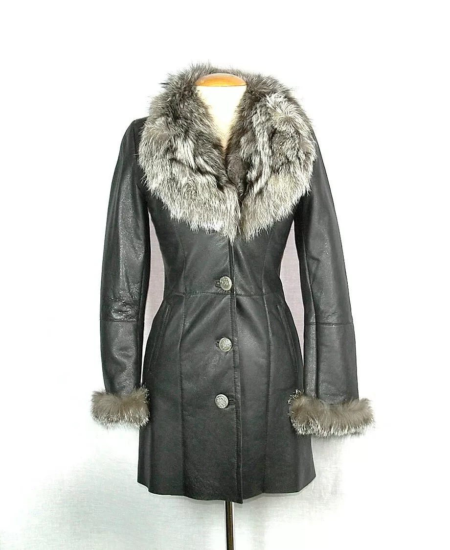 Gray Shearling Jacket with Fox Collar