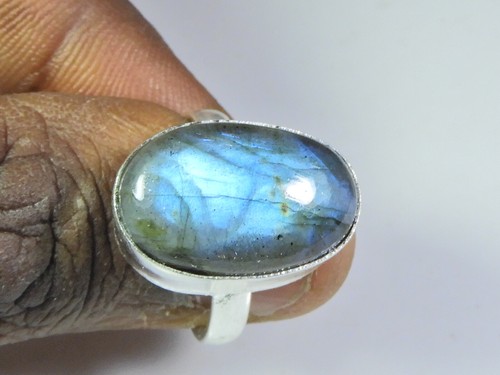 Natural Blue Labradorite Gemstone 925 Solid Sterling Silver Ring Size US-8 - Picture 3 of 9