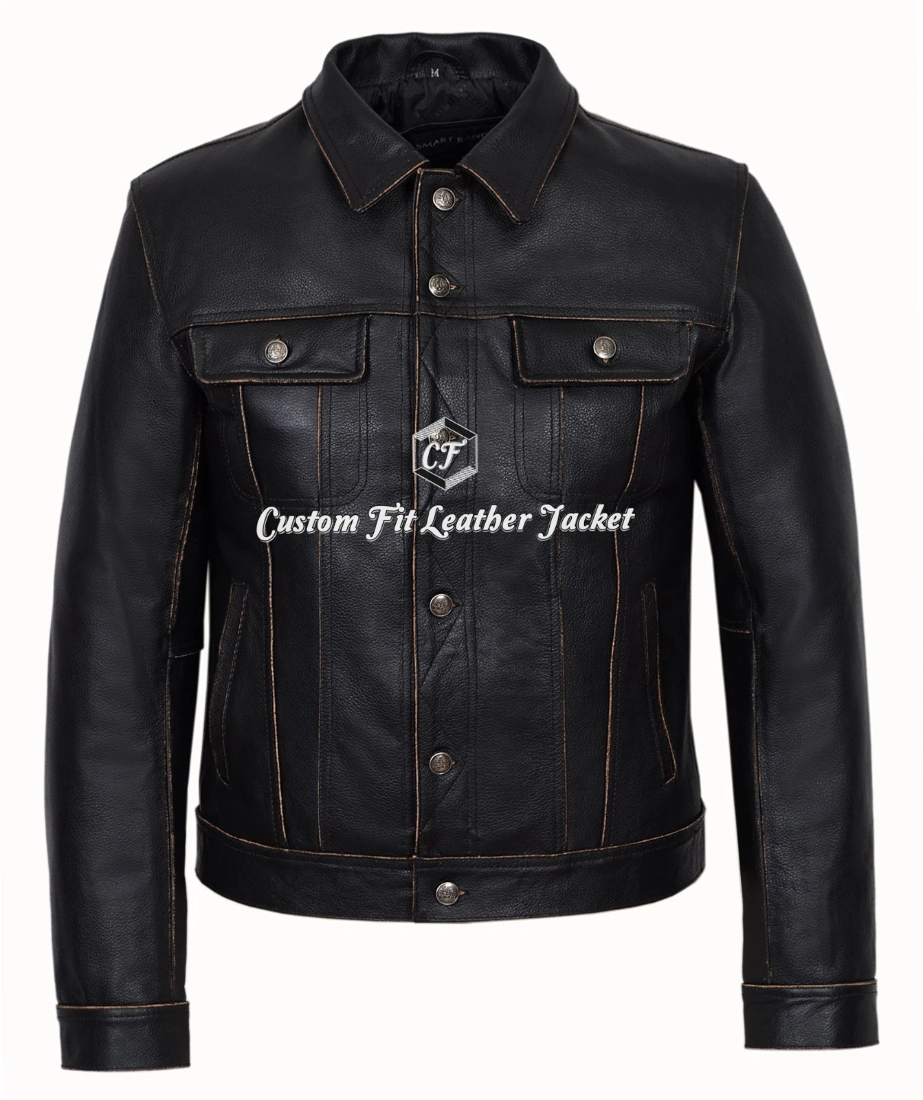 Men's 'TRUCKER Leather Jacket Black Rub Off 100% REAL COWHIDE Denim Style 1280