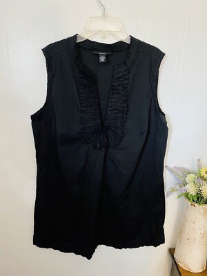 Alfani Black Sleeveless Blouse Ruffle V Neck Stretch Top Womens L Classic Cotton