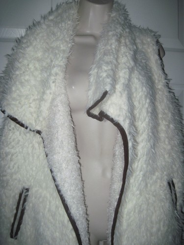 Plush Vest White Fluffy Faux Fur Brown Felt Fabric Trim Winter Women's Large - Picture 6 of 12