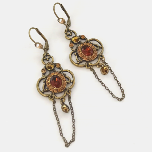 Michal Negrin Earrings Brown Long Crystals Romantic Victorian Revival Deco Chain - Picture 10 of 13