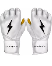 SALE, Bruce Bolt Men's Long Cuff Gold Palm Batting Gloves- White