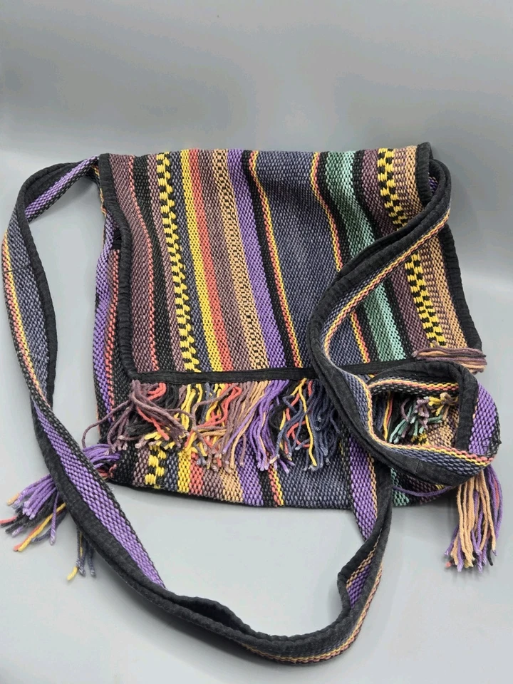 BOLSO TEJIDO BOHO VINTAGE Bandolera Flecos Cremallera 100% Algodón Rayas Bohemio Foto 4 de 4