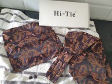 Hi-Tie Męski pomarańczowy krawat paisley Hankie Spinki do mankie Zestaw na formalne okazje