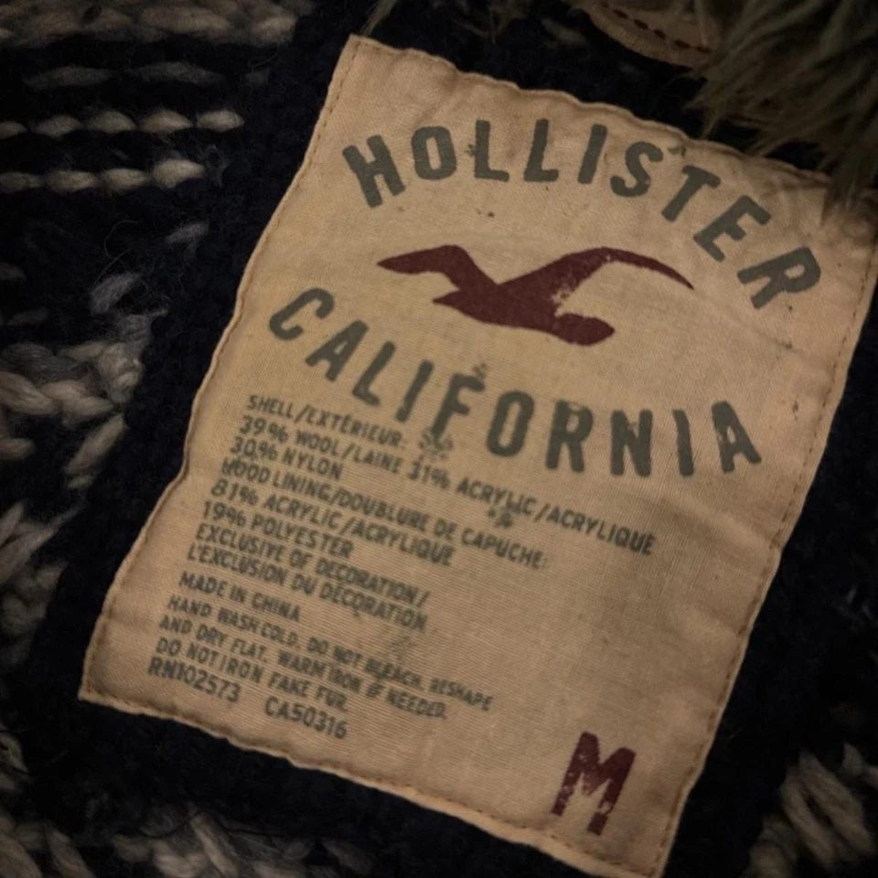 RARO Hollister Para hombres M Tejido Cremallera Sudadera con Capucha Suéter Forrado Sherpa Nordic Fair Isle Foto 2 de 4