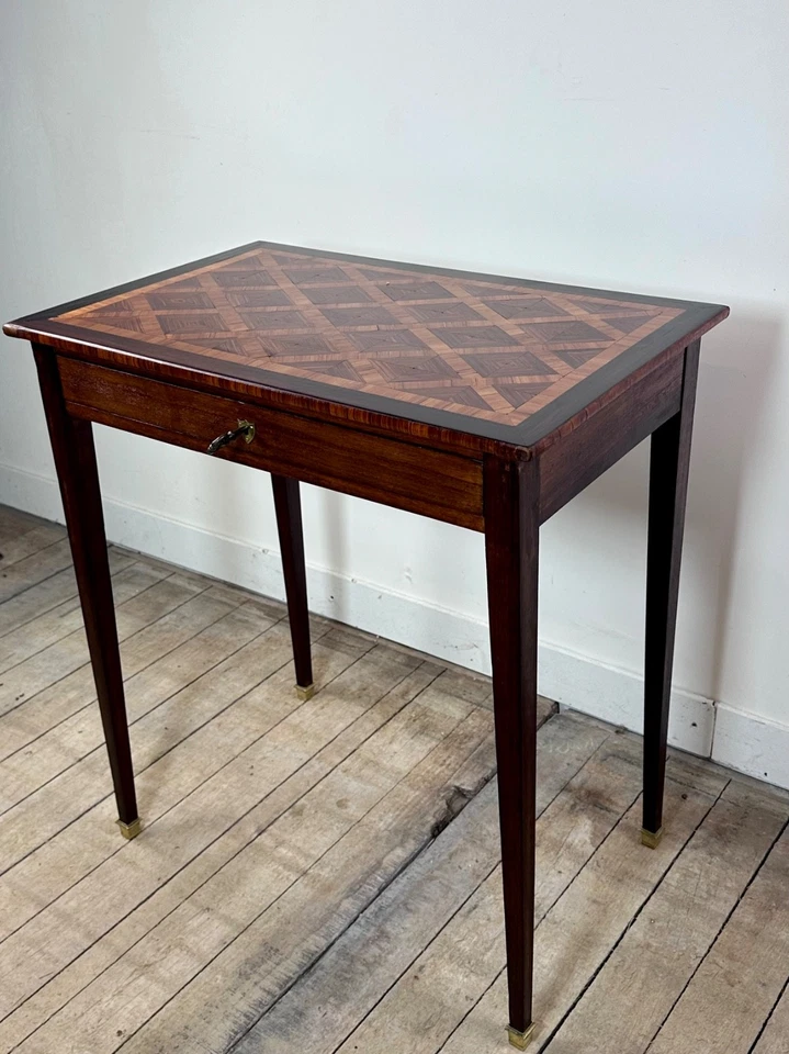 Table écritoire en marqueterie de cubes années 1900 - Photo 3/4