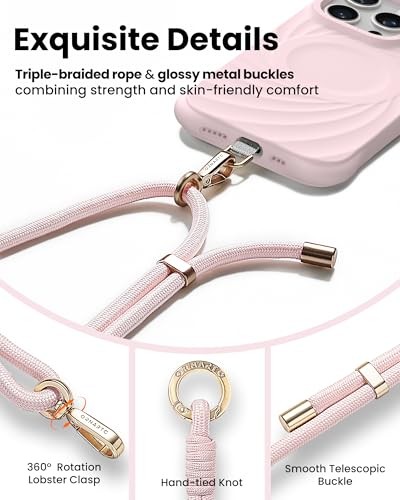 Cordon de téléphone réglable - bandoulière et bracelet, durable et peau rose - Photo 2 sur 6