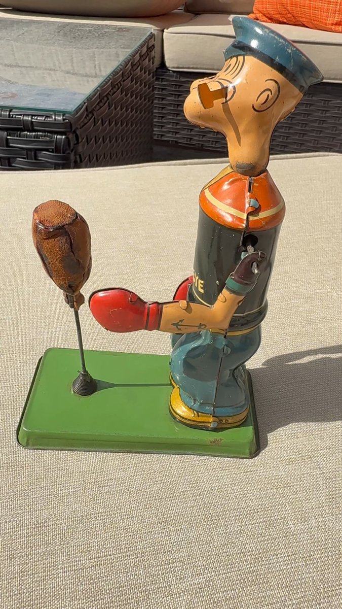 Vintage 1932 J Chein POPEYE Boxing Bag Puncher Wind Up Boxer Tin