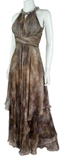Teri Jon 2 US 38 IT XS 100% Silk Brown Print Halter Gown Cocktail Dress Runway