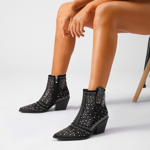 ISNOM Botas de Vaquero Estrás Brillantes Botines con Punta Botas 7 - Imagen 4 de 6