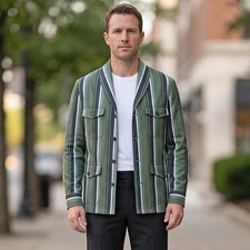 Men's Vintage Retro Safari Jacket Green Stripes Multi Pocket Utility Chore Coat