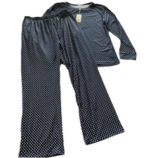 Ekouaer Women's Pajama Top & Bottom Set Navy Blue White Polka Dots NWT Size L