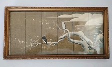 Schermo pieghevole da tavolo vintage giapponese asiatico 6 pannelli doratura 17”x 5,75” uccellini