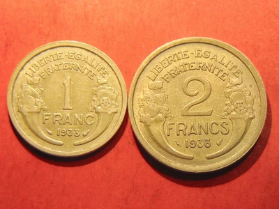 Lot 2 pièces: 1 franc et 2 francs Morlon 1938 Bronze-Alu - Photo 1/2