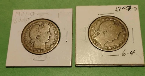Barber Head Silver Half Dollars Lot of 2 - 1907 O And 1907 S. Weigh 11.5G.