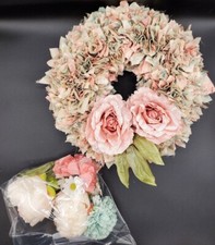 Vintage Handmade Fabric Rag STRAW Wreath BONUS Artificial Flowers Roses Peonies