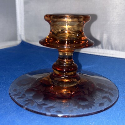 Vintage Amber Jubilee Glass Floral Etched Candle Holder  3''