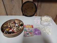  Vintage Craft Lot in Old Tin w/ Buttons, Flowers, Hats, Etc 