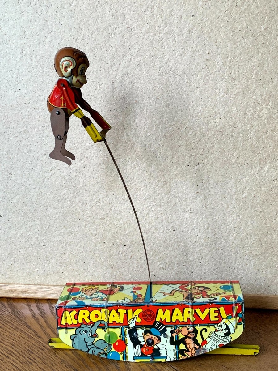 【希少】　プーリーズ　フロッグダック　フロッグマン　ヴィンテージ Marx 1930's Acrobatic Marvel Circus Monkey Wind-up Litho Tin Toy