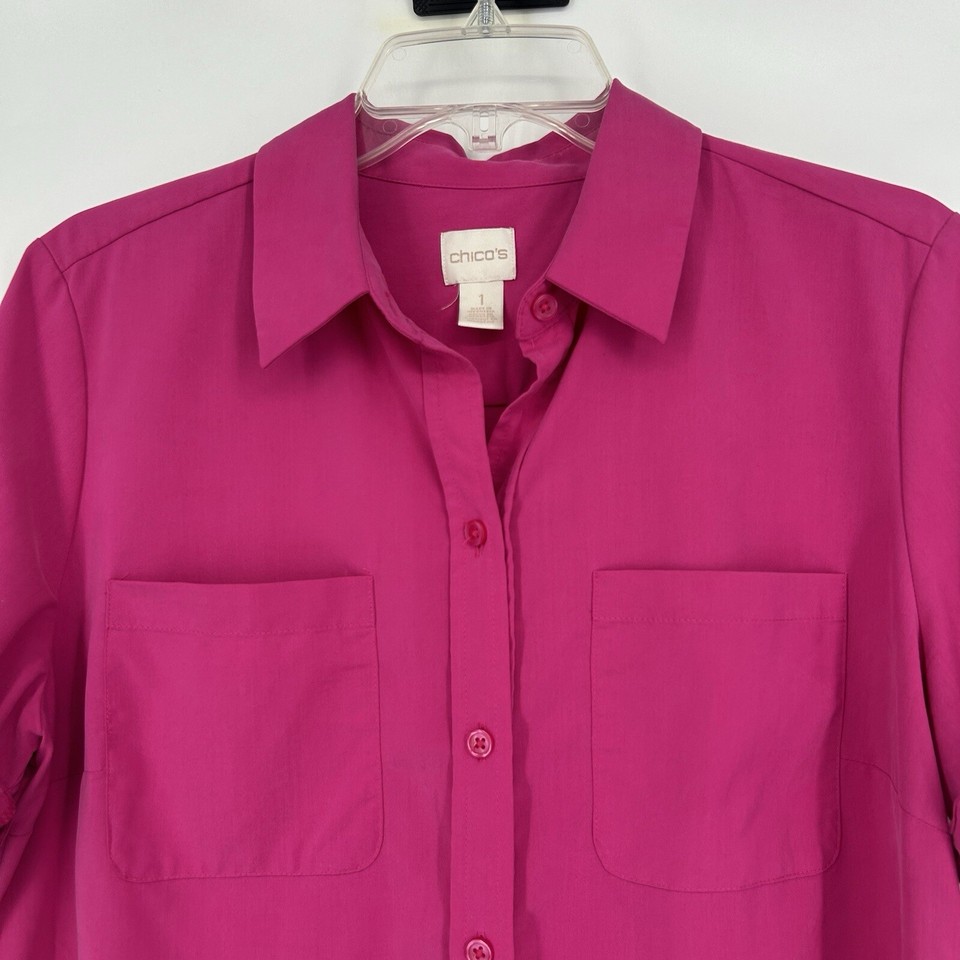 Chicos Silky Soft Camp Shirt Pink Button Up Shirt Cuffed Sleeves Modal