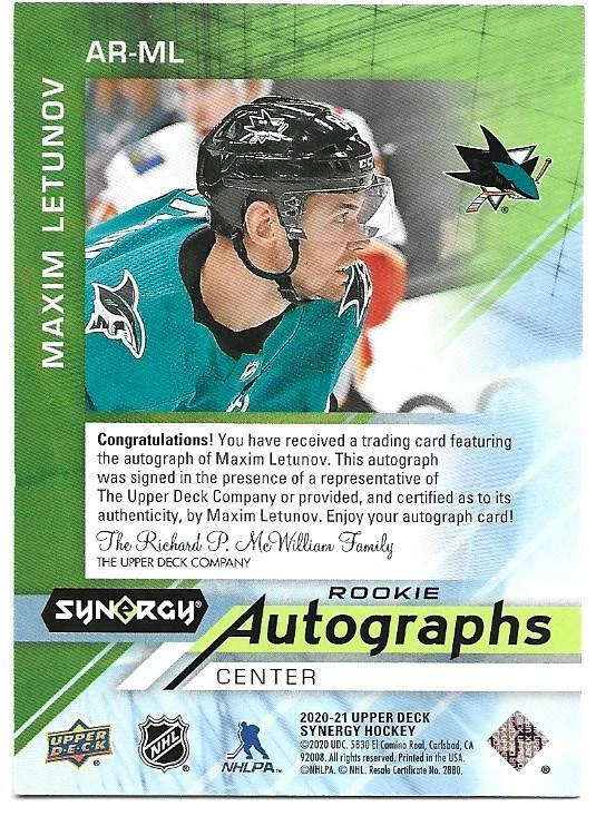2020-21 Upper Deck Synergy MAXIM LETUNOV #AR-ML Rookie Autograph - Image 2 of 2