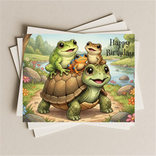 Birthday card turtle frogs blank greeting card note or gift card envelope