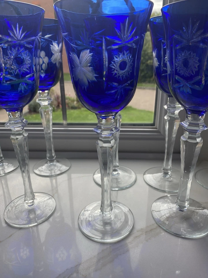 Arnstadt Kristall German Hand Made Cut Crystal Stemware Dresden Kobalt 6 Glasses - Image 2 of 4