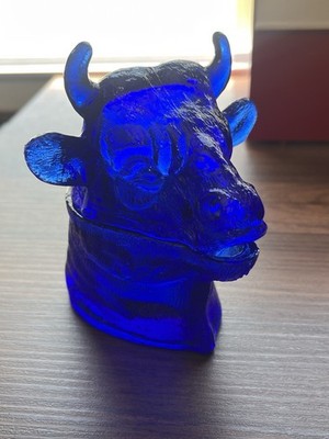 Vintage LG Wright Ferdinand the Bull Cow Head Mustard Jar Cobalt Blue Glass