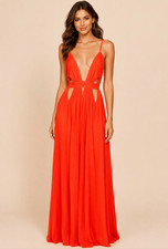House of CB Ischia Orange Cutout Plunge Backless Maxi Dress M Goddess Resort