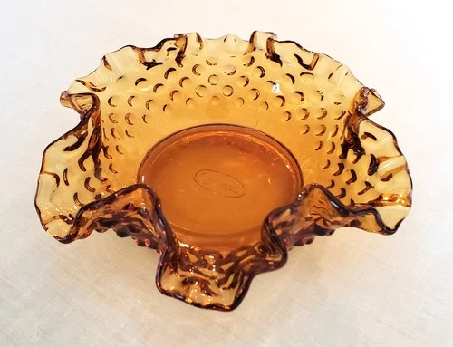Fenton Hobnail Amber Glass Crimped Ruffled Bonbon Trinket Candy Dish 6" HTF