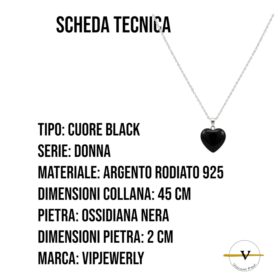 COLLANA DONNA ARGENTO 925 RODIATO PIETRA NATURALE OSSIDIANA NERA FORMA DI CUORE - Immagine 4 di 4