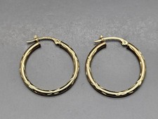 14K Solid Yellow Gold Fancy Diamond Cut Hoop Loop Earrings