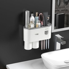 Wall Mount Bathroom Organizer, No Drill Toothbrush Holder with 6 Hooks Shelf