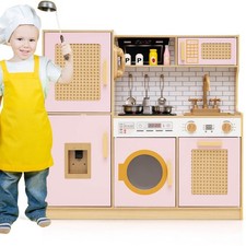 Wooden Kids Kitchen Playset Pretend Play Kitchen w/ Real Sounds Lights Pink