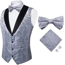 Mens Vest and Bowtie Set Silk Paisley Waistcoat and Bowtie Pocket Square Cuff...