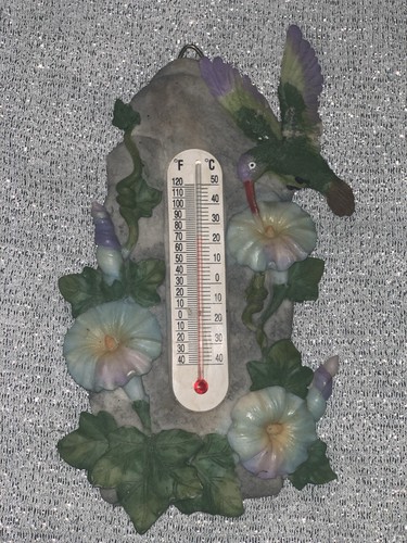 Resin Hummingbird Flowers Thermometer 6.25” x 3.5” See Photos