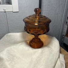 Vintage Indiana Amber Glass Kings Crown Thumbprint Covered Candy Dish / Compote